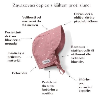 Moniel Dětská rostoucí zavazovací čepice s kšiltem Dots - Růžová, vel. 0 - 2 m - obrázek