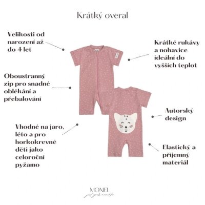 Moniel Dětský overal s krátkým rukávem Kočka Dots - Růžová, vel. 50 - obrázek