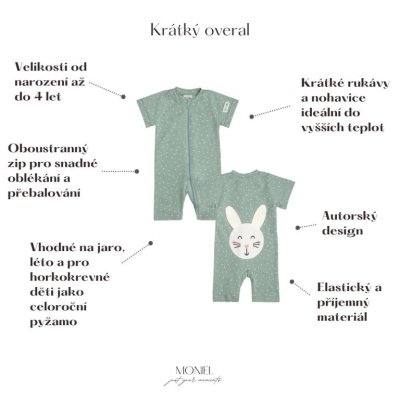 Moniel Dětský overal s krátkým rukávem Králík Dots - Mintová, vel. 80/86 - obrázek