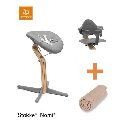 Stokke Set Nomi Židlička + Baby set + Newborn set - Oak Grey + deka - Golden Sand