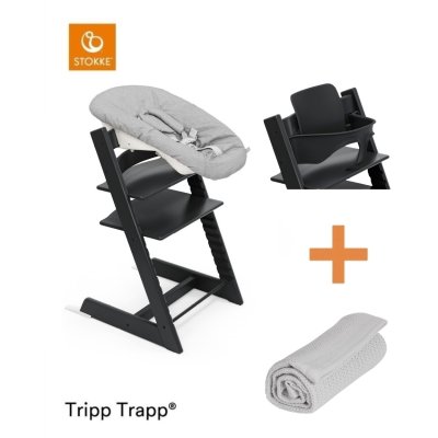 Stokke Set Tripp Trapp Židlička + Baby set + Newborn set Black + deka Dove Grey