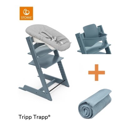 Stokke Set Tripp Trapp Židlička + Baby set + Newborn set Fjord Blue + deka Dim Blue