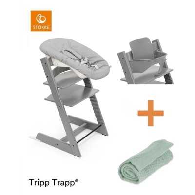 Stokke Set Tripp Trapp Židlička + Baby set + Newborn set Storm Grey + deka Sage Green