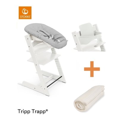 Stokke Set Tripp Trapp Židlička + Baby set + Newborn set White + deka Pearl White